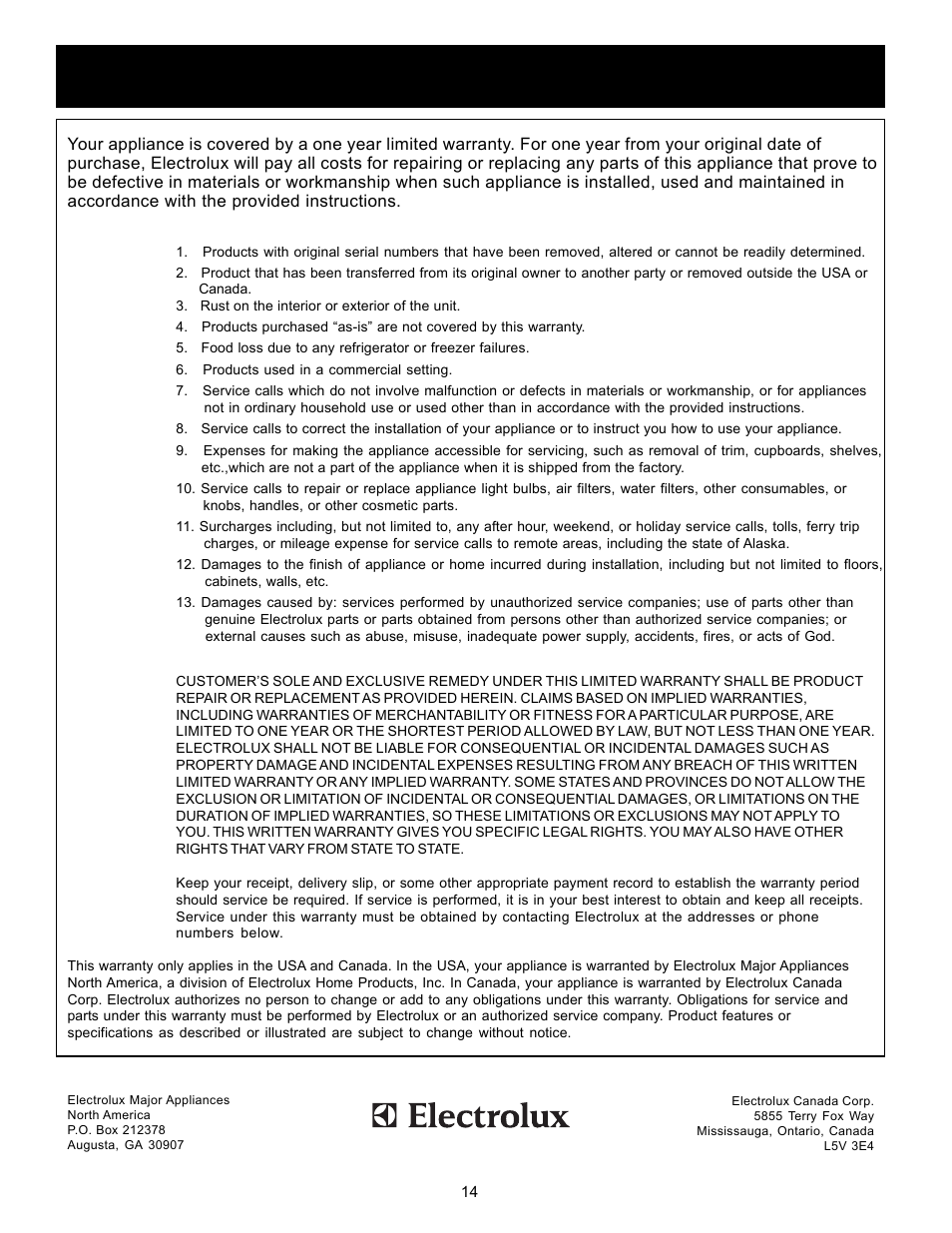 Major appliance warranty information | FRIGIDAIRE 18" Built-In and Portable Dishwasher User Manual | Page 14 / 14