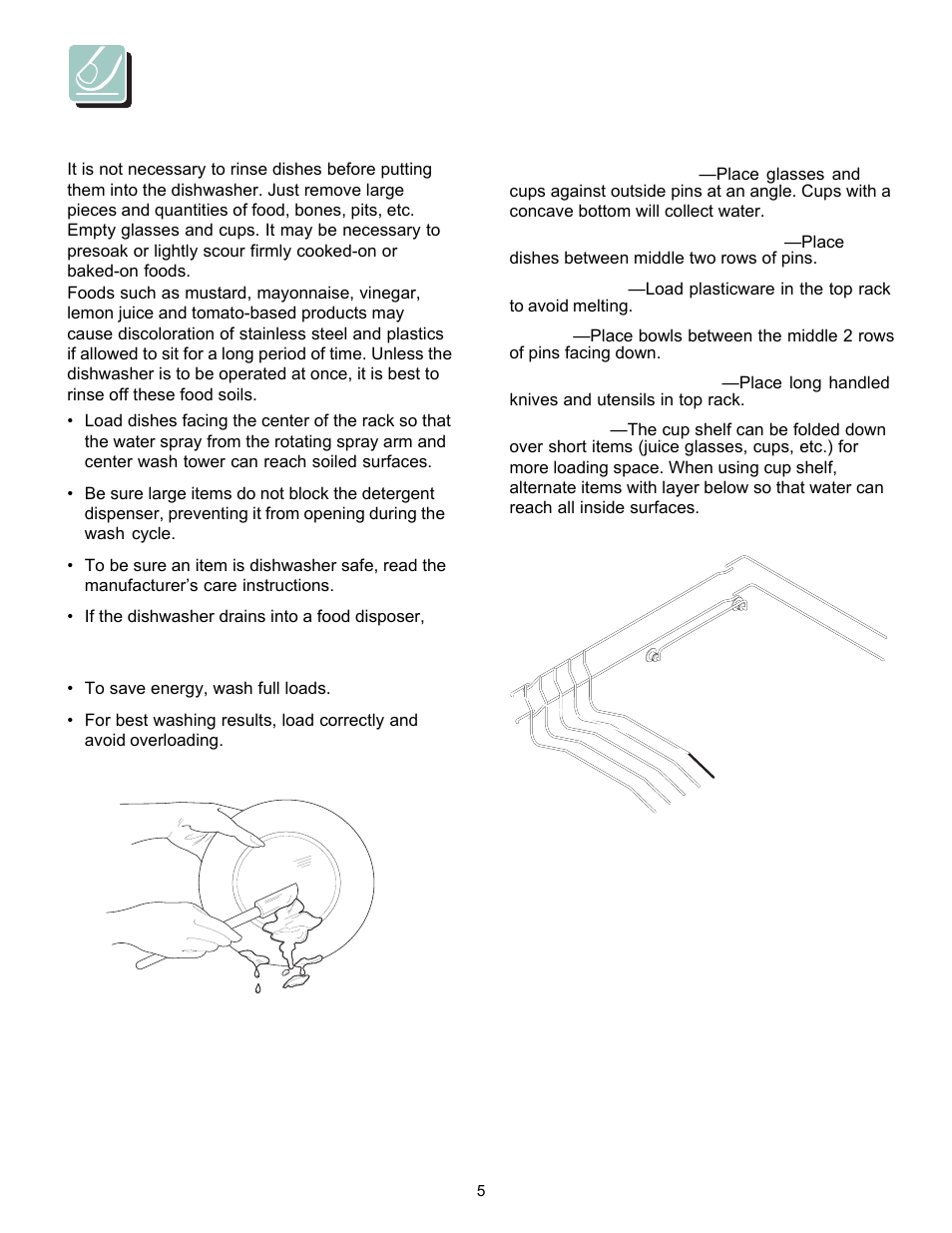 Operating instructions, Dish preparation, Loading the top rack | FRIGIDAIRE 18" Built-In and Portable Dishwasher User Manual | Page 5 / 14