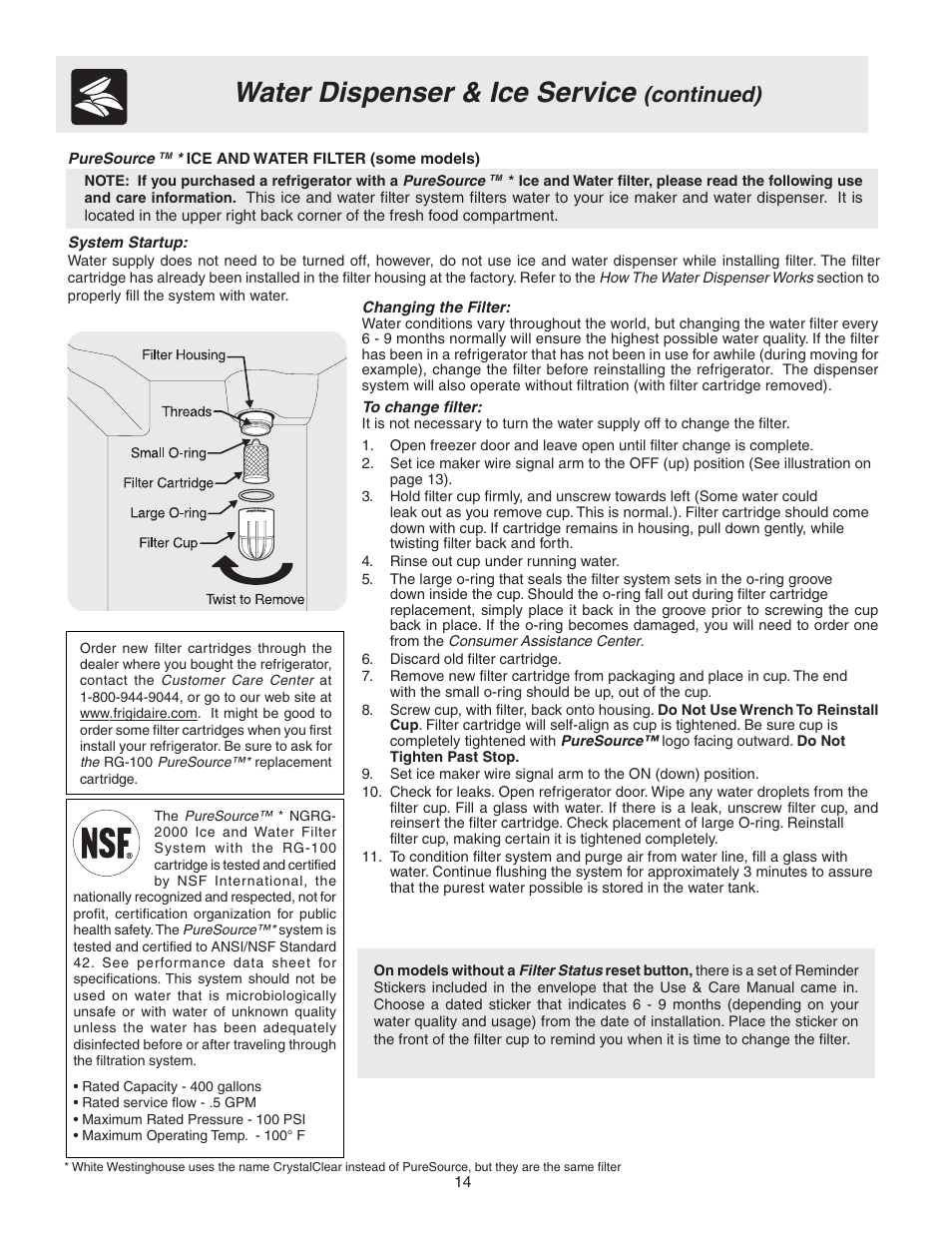 Water dispenser & ice service, Continued) | FRIGIDAIRE 241567600 User Manual | Page 14 / 20