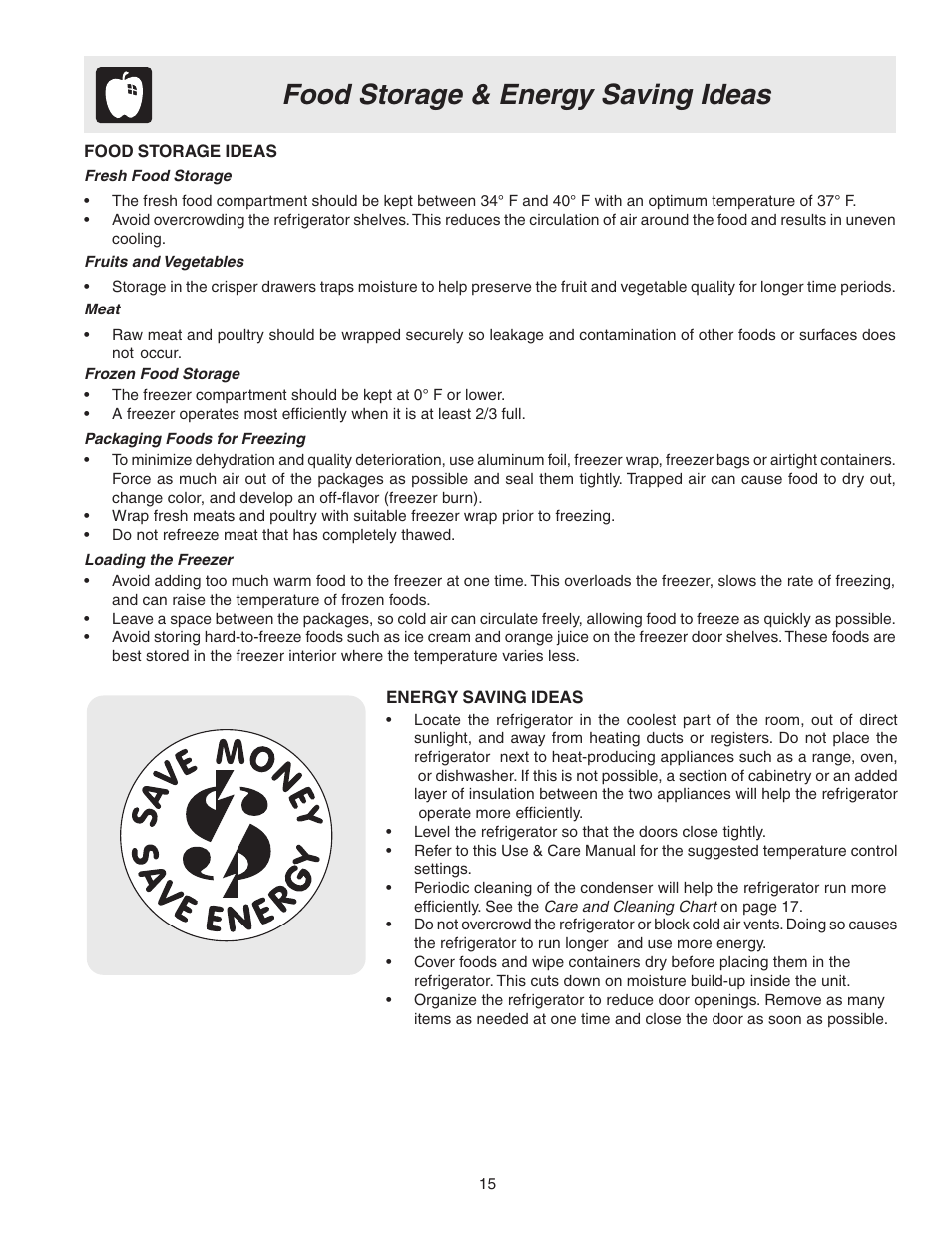 Food storage & energy saving ideas | FRIGIDAIRE 241567600 User Manual | Page 15 / 20