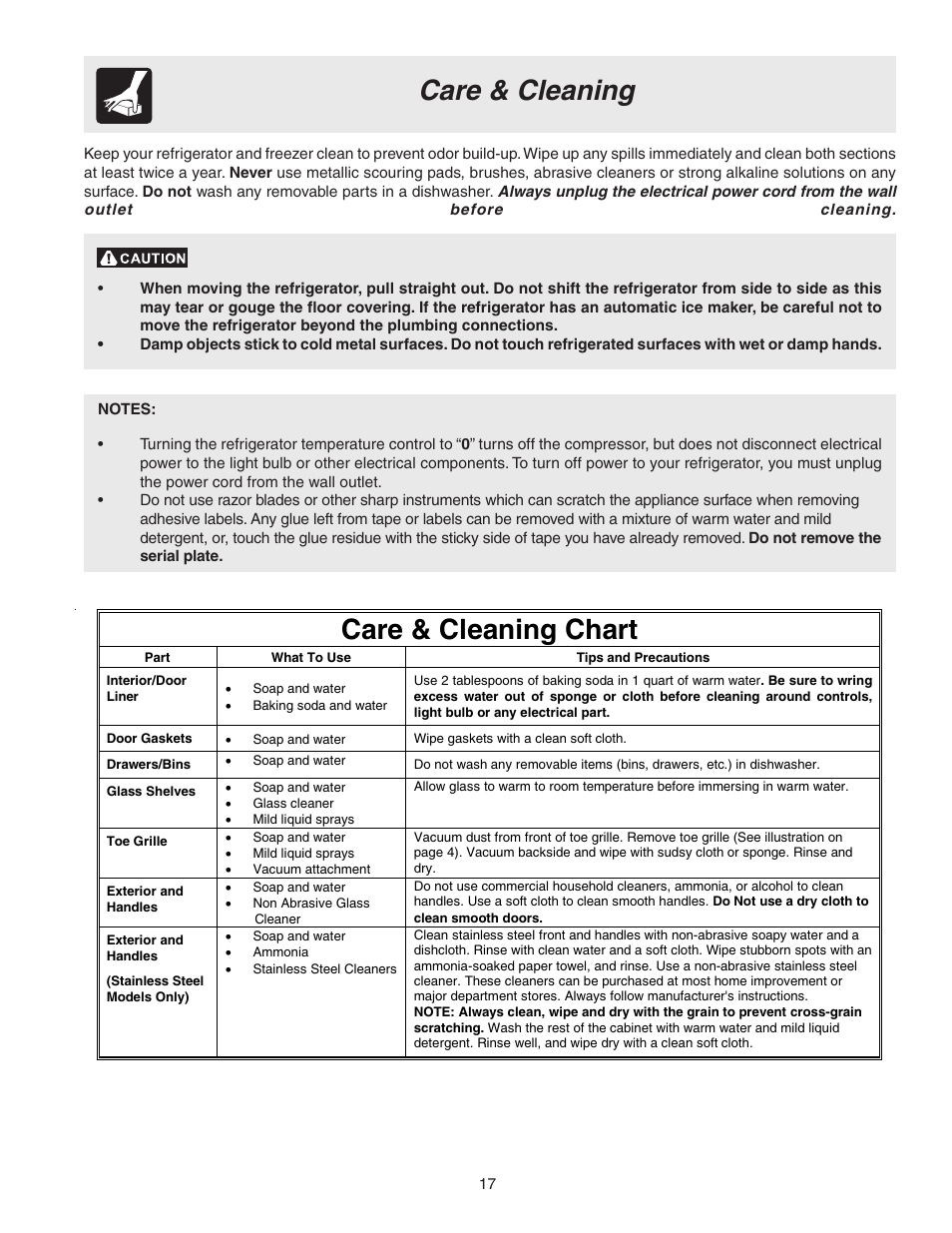 Care & cleaning, Care & cleaning chart | FRIGIDAIRE 241567600 User Manual | Page 17 / 20