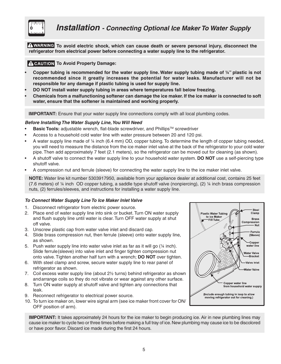 Installation, Connecting optional ice maker to water supply | FRIGIDAIRE 241567600 User Manual | Page 5 / 20