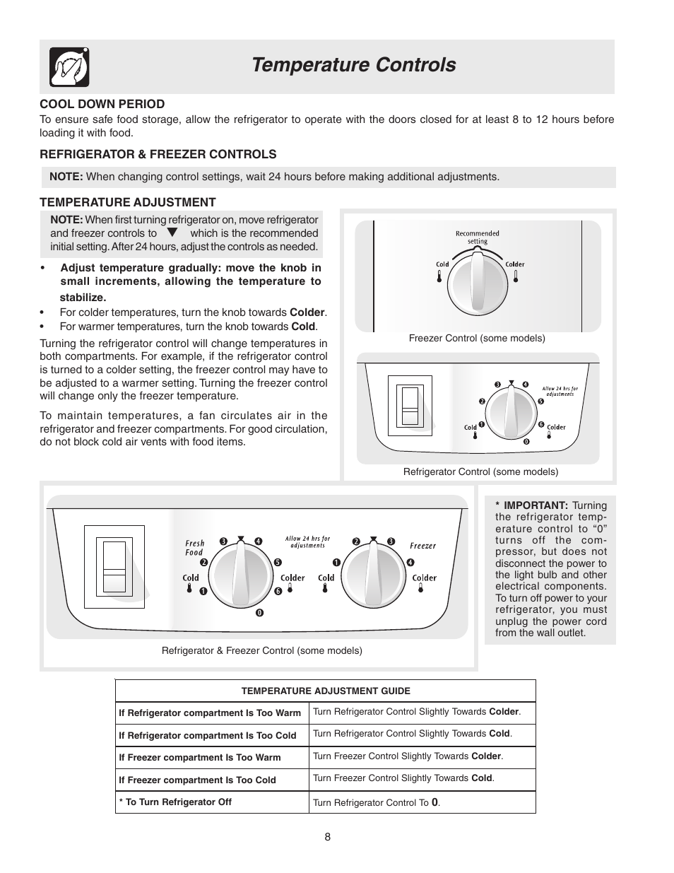 Temperature controls, Cool down period, Refrigerator & freezer controls | Temperature adjustment | FRIGIDAIRE 241567600 User Manual | Page 8 / 20