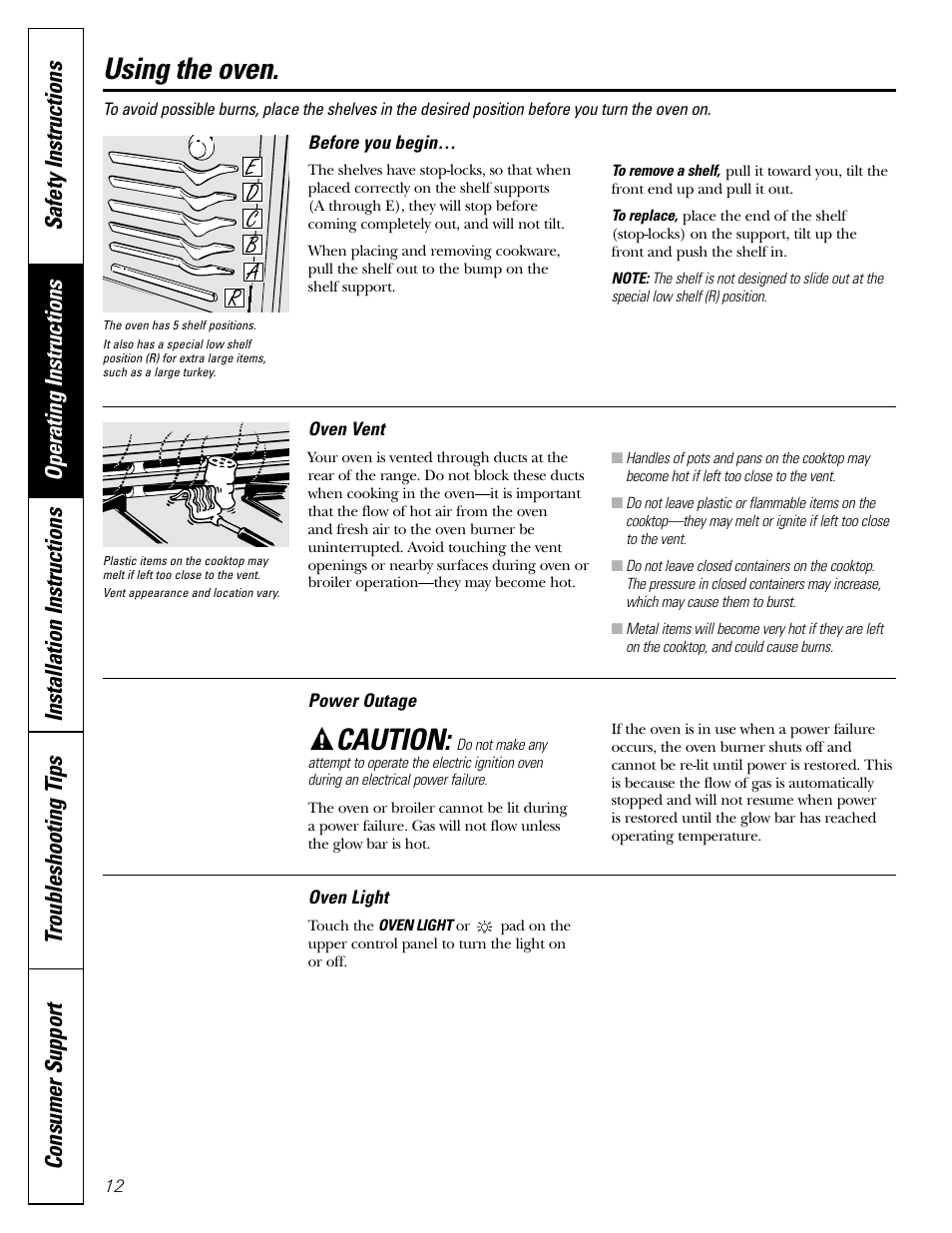Power outage, Power outage , 16, Using the oven | Caution | FRIGIDAIRE RGB790 User Manual | Page 12 / 56