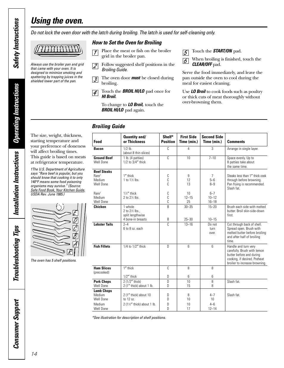 Broiling, broiling guide, Using the oven, Broiling guide | How to set the oven for broiling | FRIGIDAIRE RGB790 User Manual | Page 14 / 56