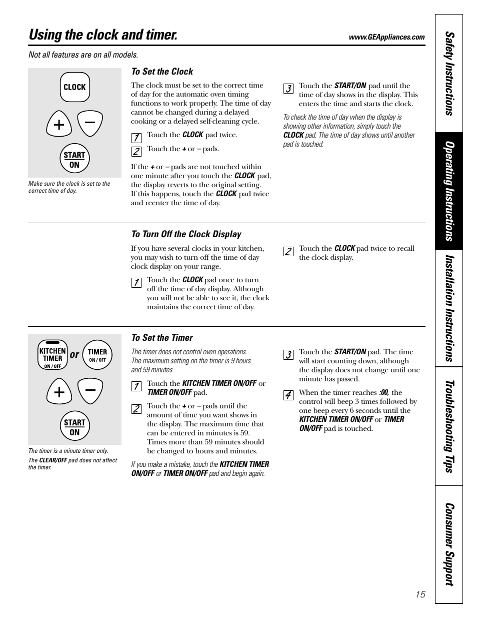Clock and timer, Clock and timer , 16, Using the clock and timer | FRIGIDAIRE RGB790 User Manual | Page 15 / 56