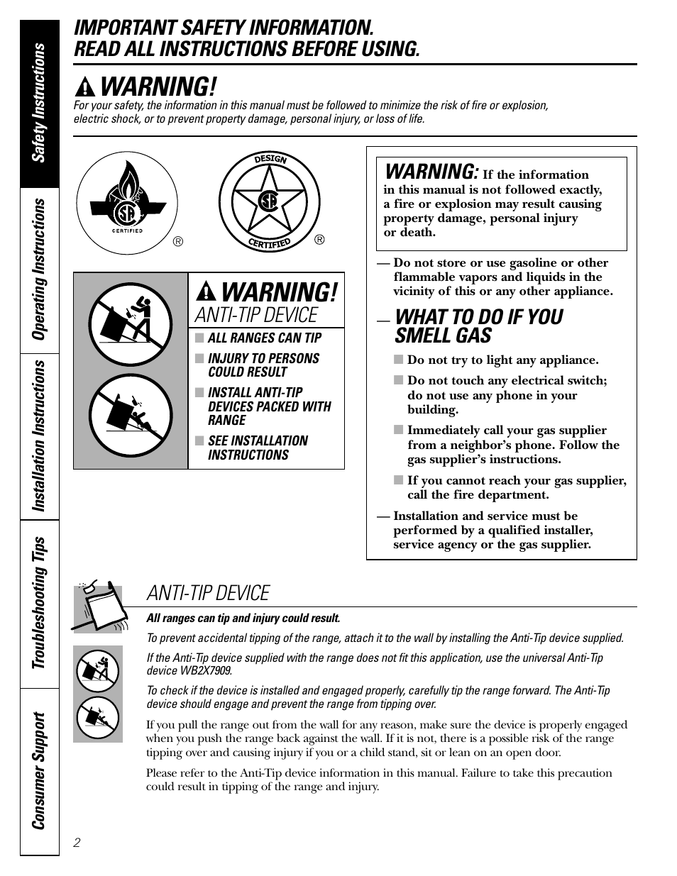 Safety instructions, What to do if you smell gas, Warning | Anti-tip device | FRIGIDAIRE RGB790 User Manual | Page 2 / 56