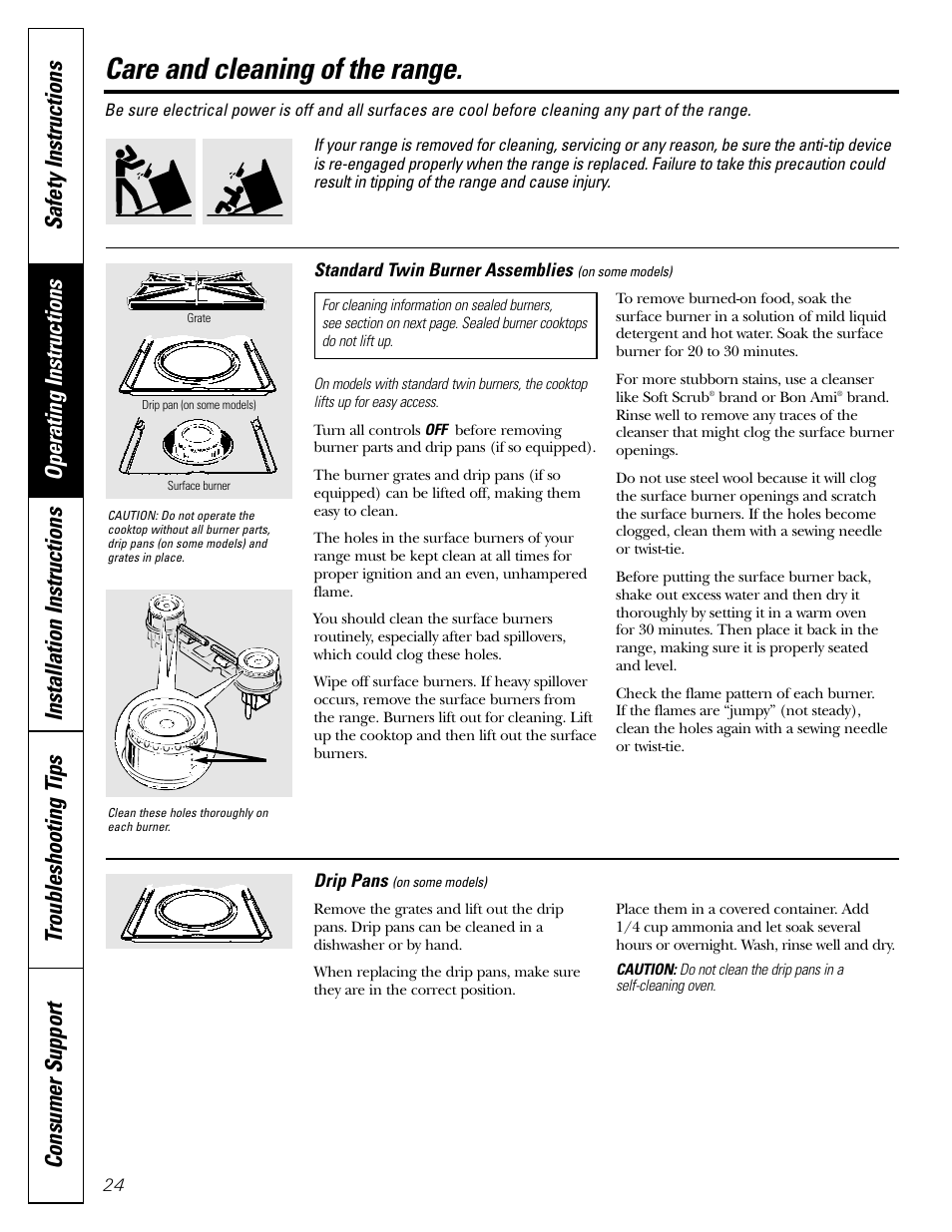 Burner assembly, Burner assembly –26, Care and cleaning of the range | FRIGIDAIRE RGB790 User Manual | Page 24 / 56