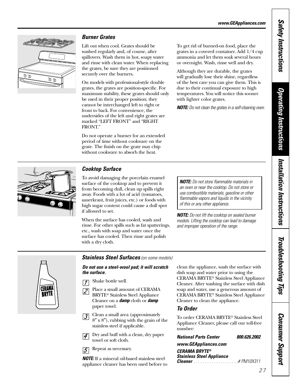 Burner grates, Cooktop surface, Stainless steel surfaces | FRIGIDAIRE RGB790 User Manual | Page 27 / 56