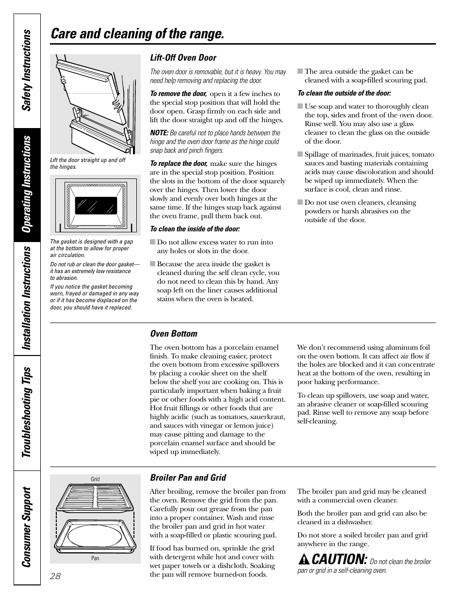 Broiler pan and grid, Door removal, Oven bottom | Care and cleaning of the range, Caution | FRIGIDAIRE RGB790 User Manual | Page 28 / 56