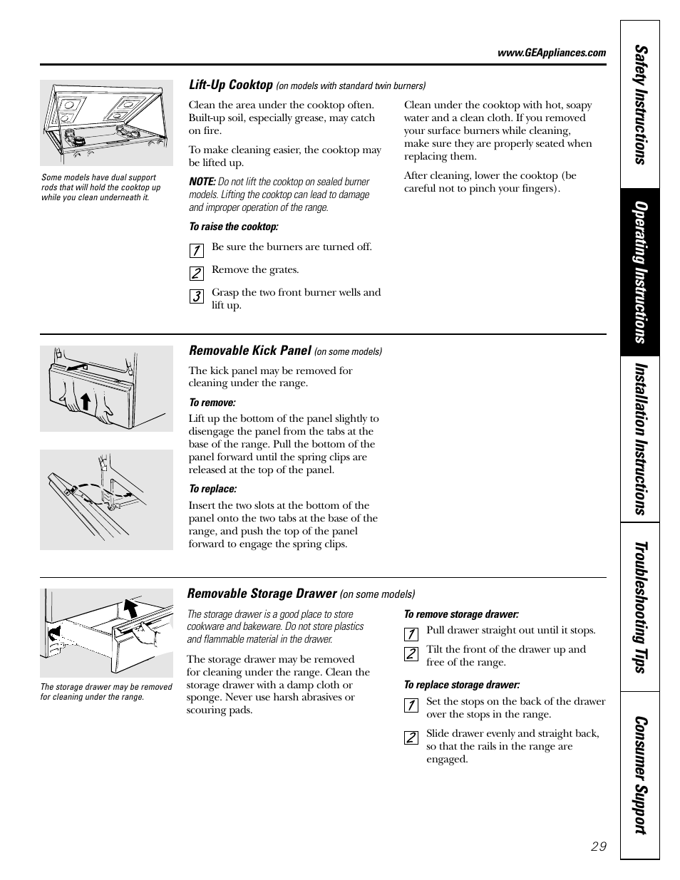 Kick panel, Lift-up cooktop, Storage drawer | Kick panel lift-up cooktop | FRIGIDAIRE RGB790 User Manual | Page 29 / 56