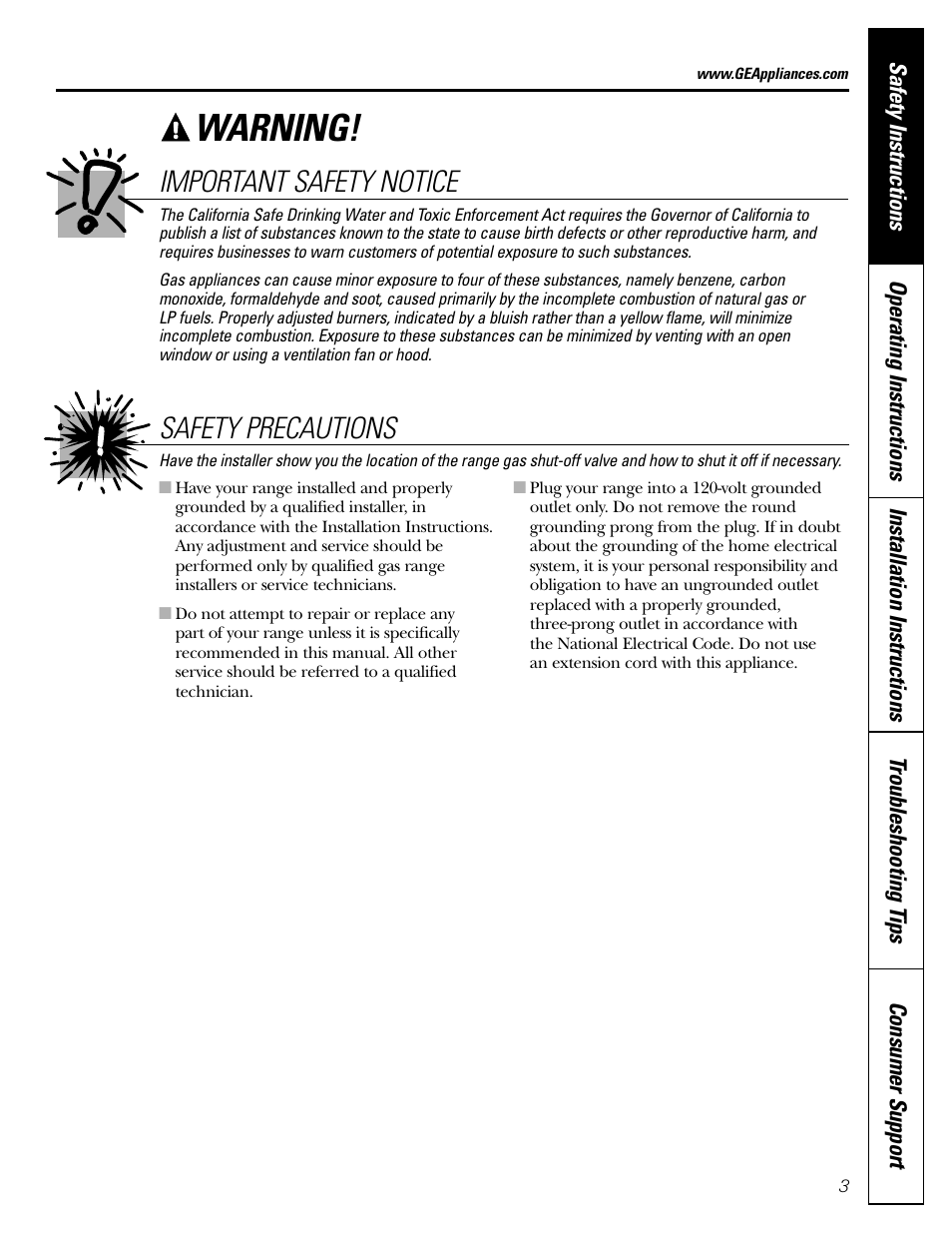 Warning, Safety precautions important safety notice | FRIGIDAIRE RGB790 User Manual | Page 3 / 56