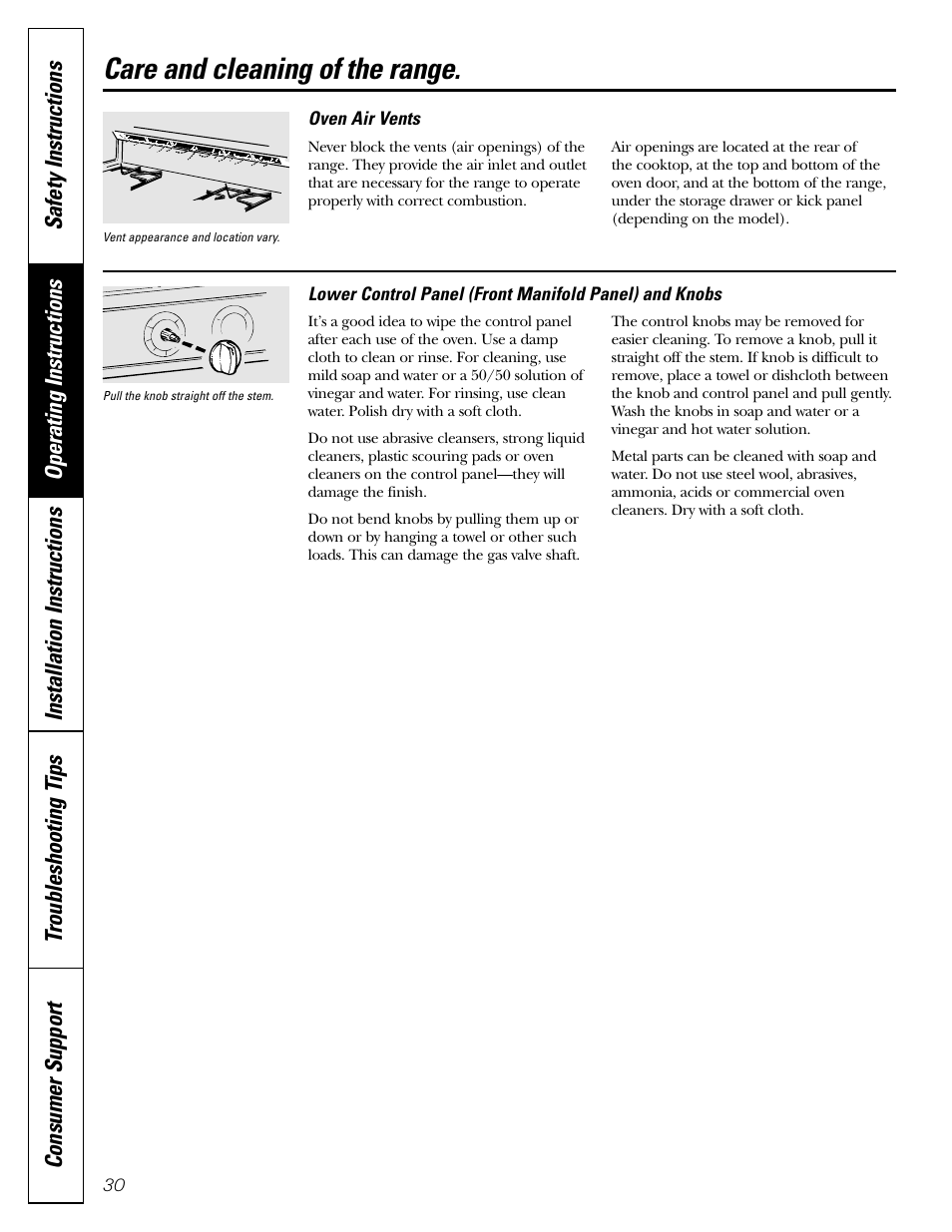 Control panel and knobs, Oven vents, Care and cleaning of the range | FRIGIDAIRE RGB790 User Manual | Page 30 / 56