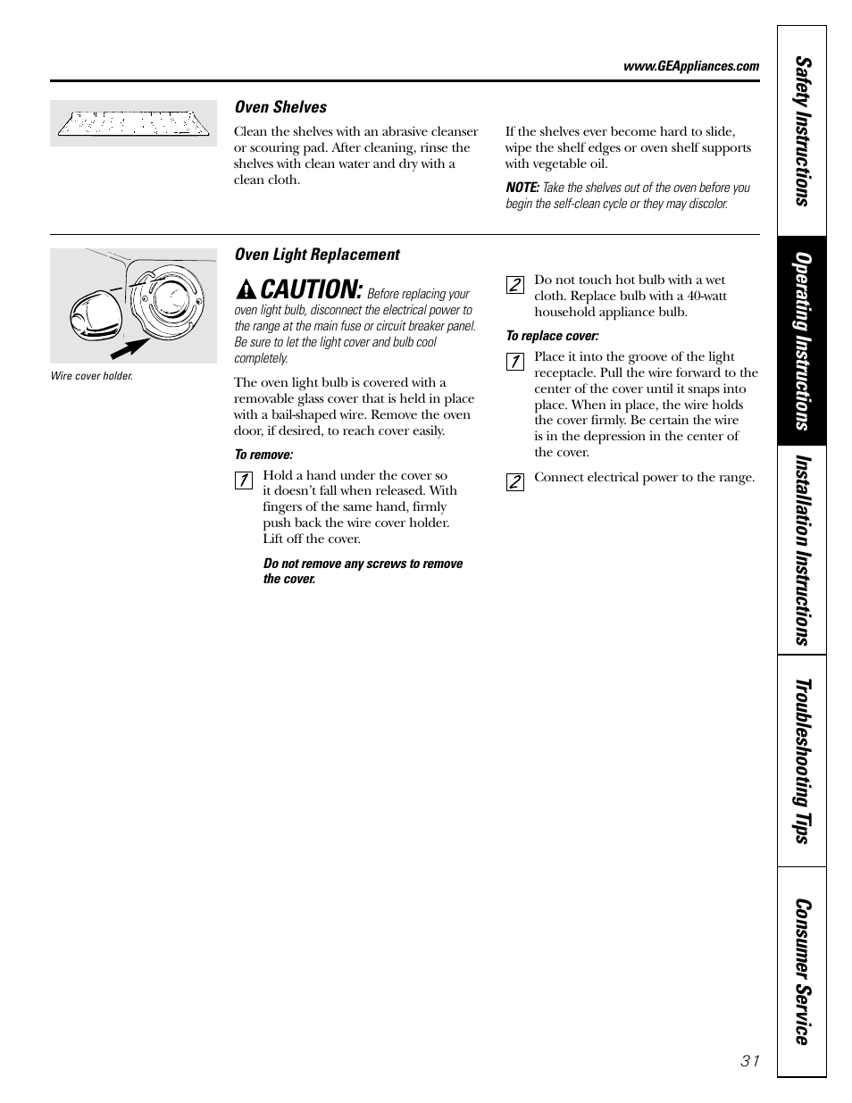 Oven light replacement, Shelves, Caution | FRIGIDAIRE RGB790 User Manual | Page 31 / 56