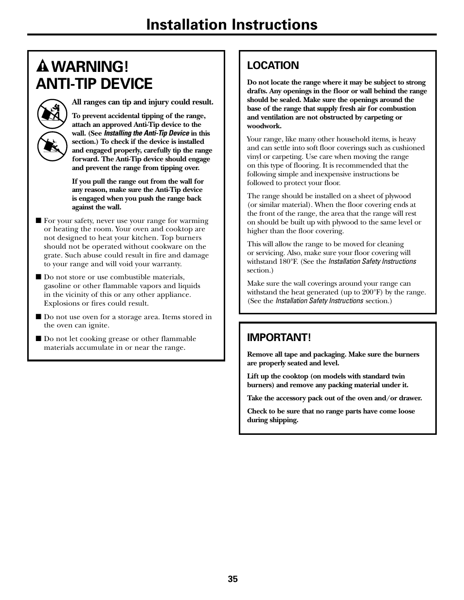 Anti-tip device, Location, Anti-tip device , 43 | Installation instructions warning! anti-tip device, Important | FRIGIDAIRE RGB790 User Manual | Page 35 / 56