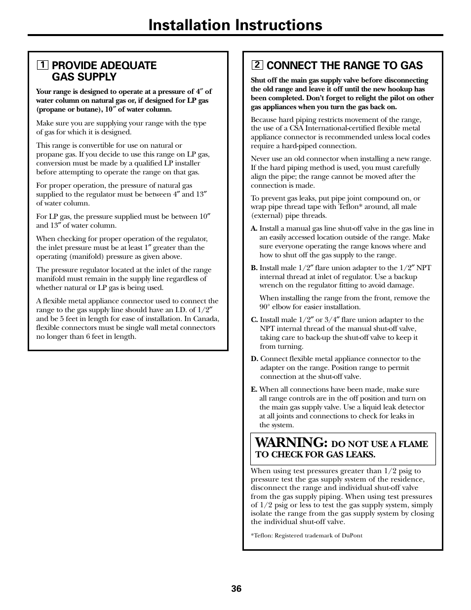 Connecting the range to gas, Connecting the range to gas –39, Installation instructions | Warning, Provide adequate gas supply, Connect the range to gas | FRIGIDAIRE RGB790 User Manual | Page 36 / 56
