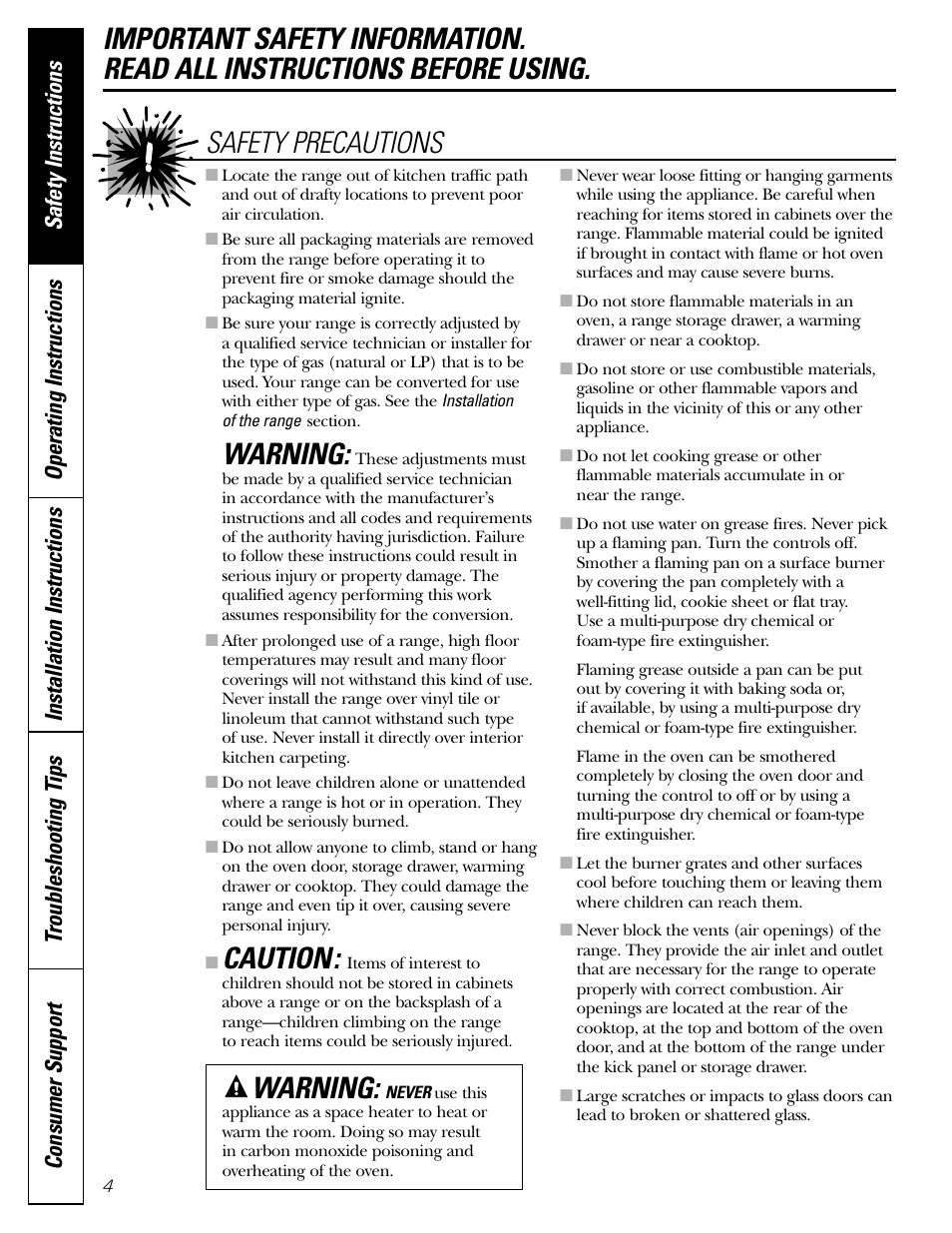 Warning, Caution, Safety precautions | Operating instructions | FRIGIDAIRE RGB790 User Manual | Page 4 / 56