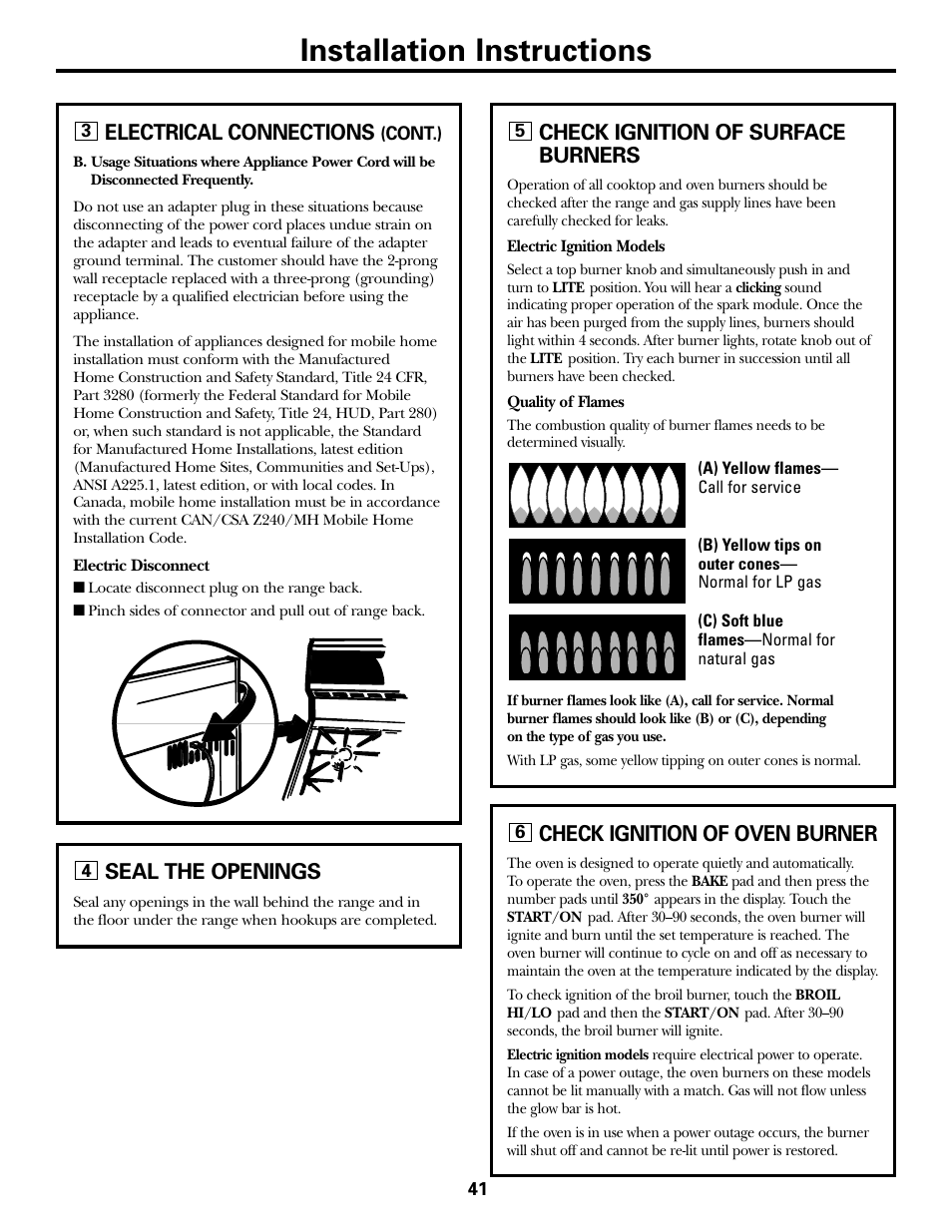 Checking burner ignition, Installation instructions, Electrical connections | Check ignition of surface burners, Seal the openings, Check ignition of oven burner | FRIGIDAIRE RGB790 User Manual | Page 41 / 56