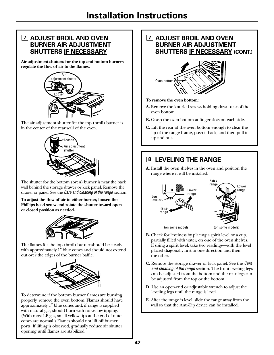 Air adjustment, Leveling the range, Installation instructions | FRIGIDAIRE RGB790 User Manual | Page 42 / 56