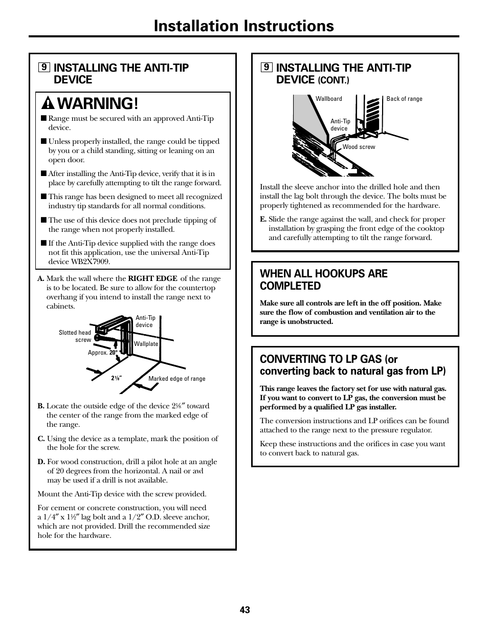 Installation instructions, Warning, Installing the anti-tip device | When all hookups are completed | FRIGIDAIRE RGB790 User Manual | Page 43 / 56