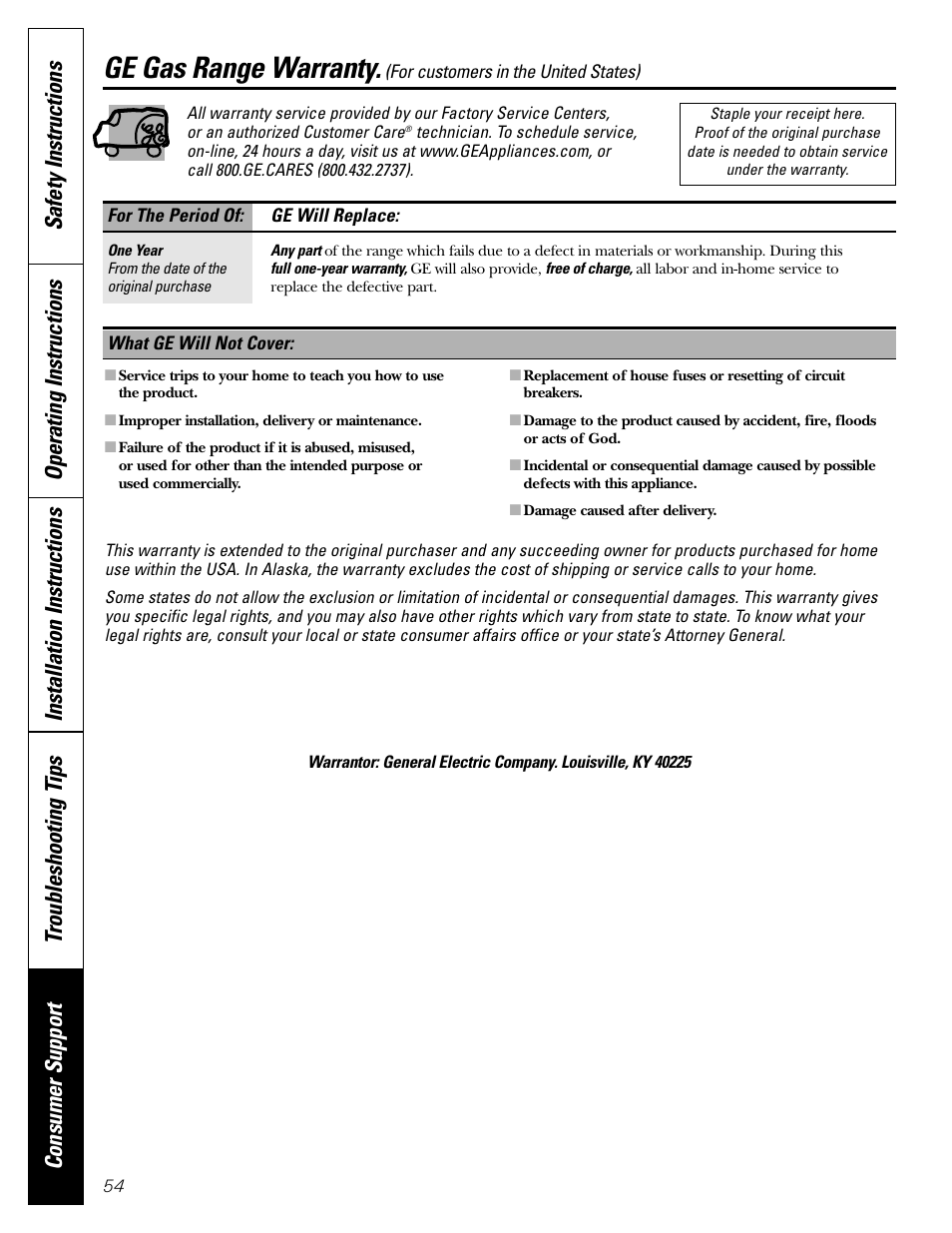 Warranty for u.s.a, Warranty for customers in the u.s.a, Ge gas range warranty | FRIGIDAIRE RGB790 User Manual | Page 54 / 56