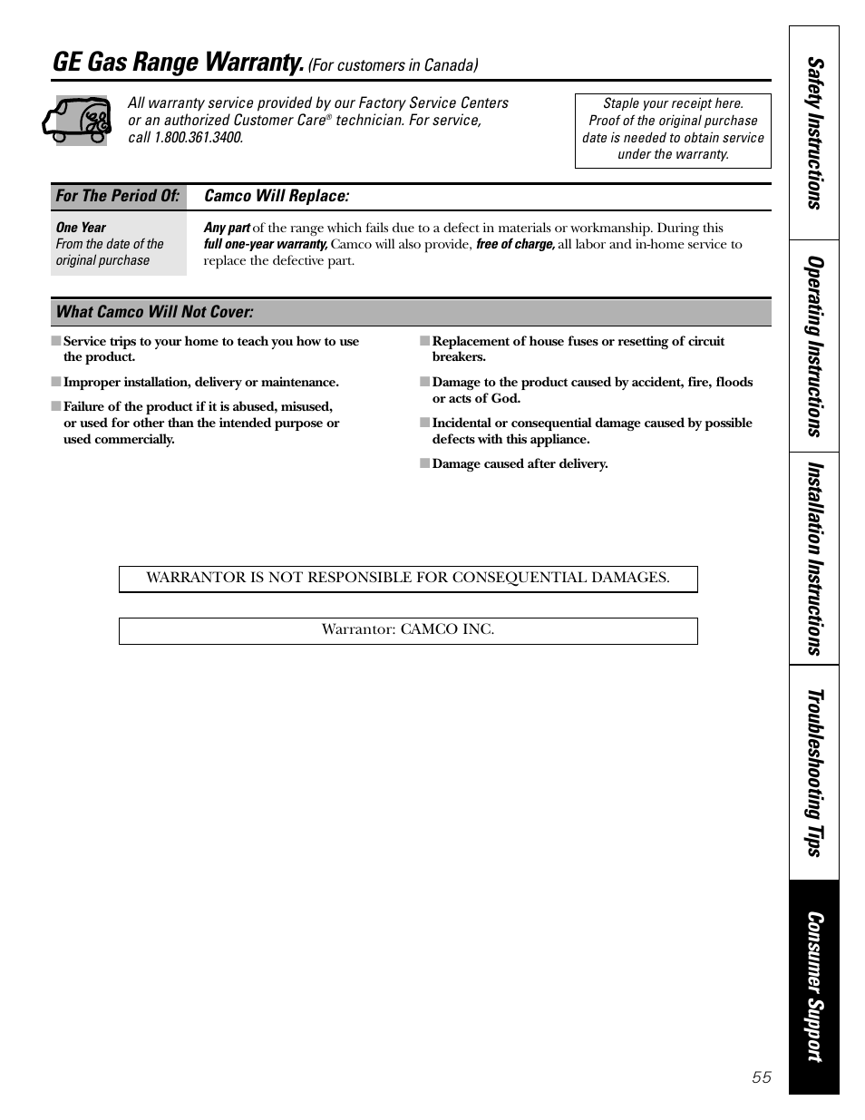 Warranty for canada, Warranty for customers in canada, Ge gas range warranty | FRIGIDAIRE RGB790 User Manual | Page 55 / 56
