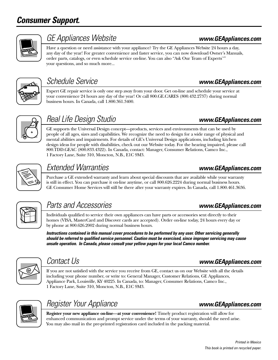 Consumer support, Consumer support . . . . . . . . . .back cover, Ge appliances website | Schedule service, Real life design studio, Extended warranties, Parts and accessories, Contact us, Register your appliance | FRIGIDAIRE RGB790 User Manual | Page 56 / 56