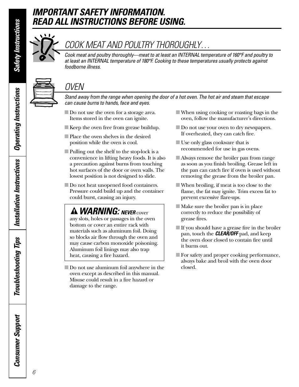 Oven cook meat and poultry thoroughly, Operating instructions | FRIGIDAIRE RGB790 User Manual | Page 6 / 56