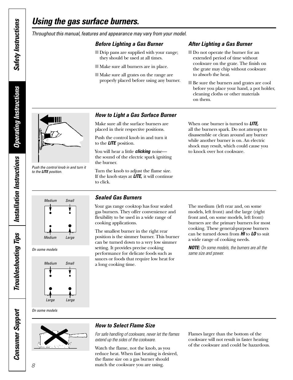 Surface cooking, Surface cooking , 9, Using the gas surface burners | FRIGIDAIRE RGB790 User Manual | Page 8 / 56