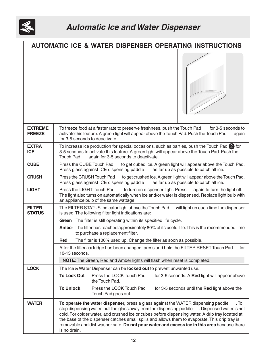 Automatic ice and water dispenser | FRIGIDAIRE 241572800 User Manual | Page 12 / 25
