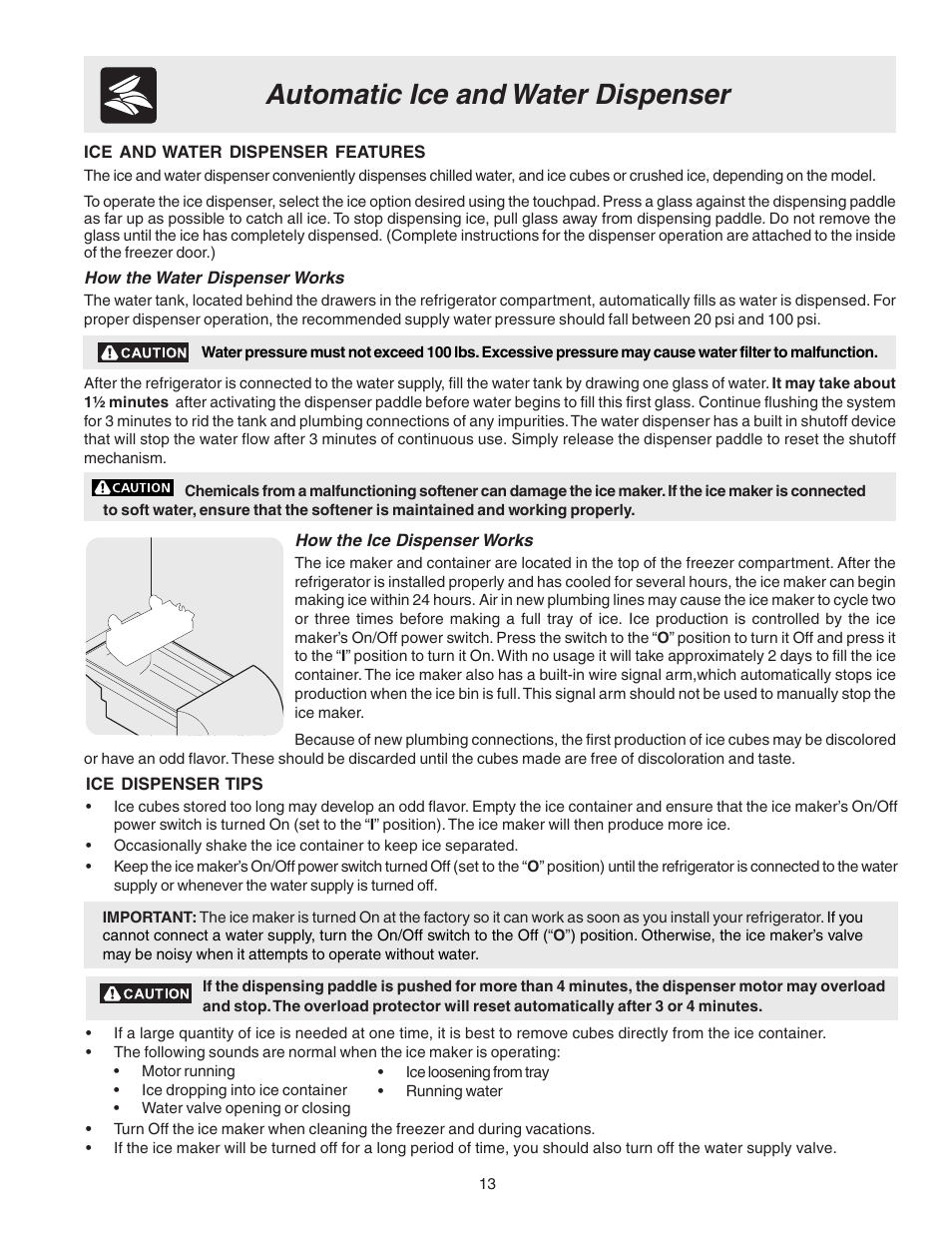 Automatic ice and water dispenser | FRIGIDAIRE 241572800 User Manual | Page 13 / 25