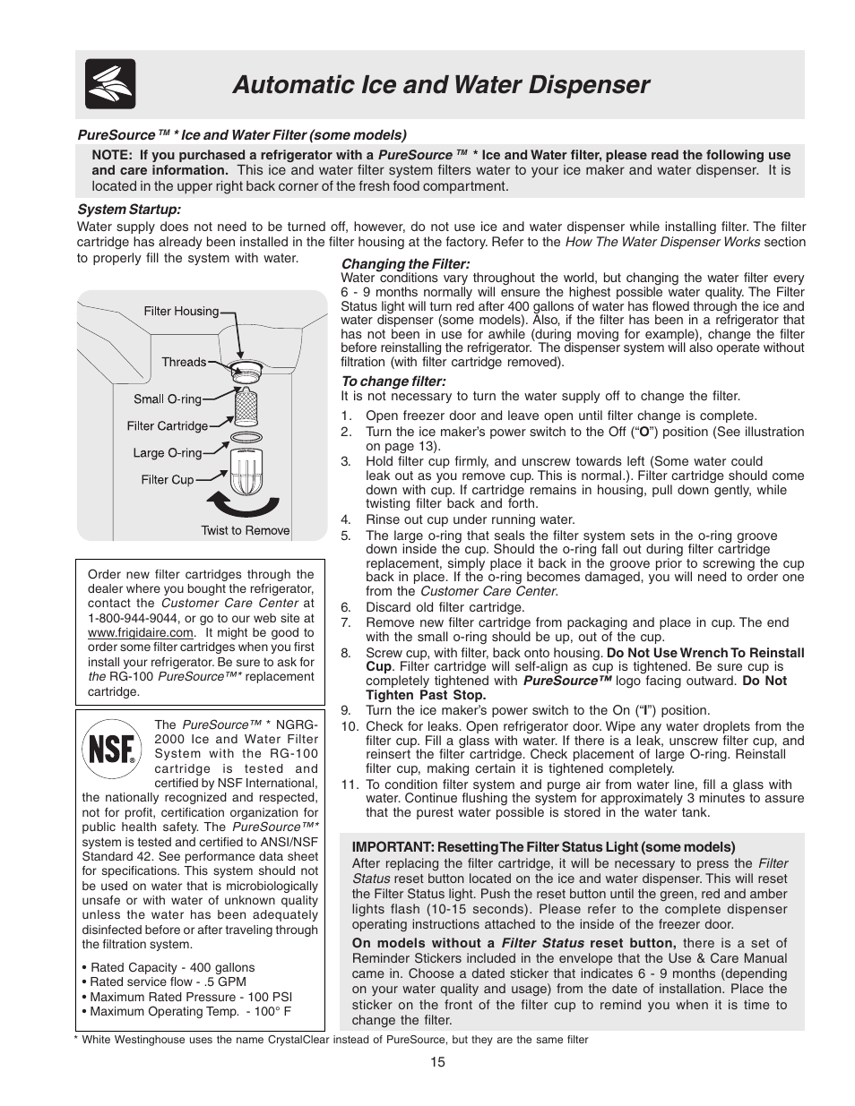 Automatic ice and water dispenser | FRIGIDAIRE 241572800 User Manual | Page 15 / 25