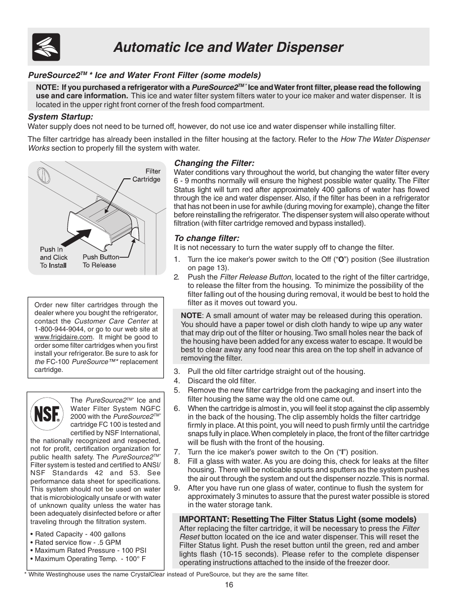 Automatic ice and water dispenser | FRIGIDAIRE 241572800 User Manual | Page 16 / 25