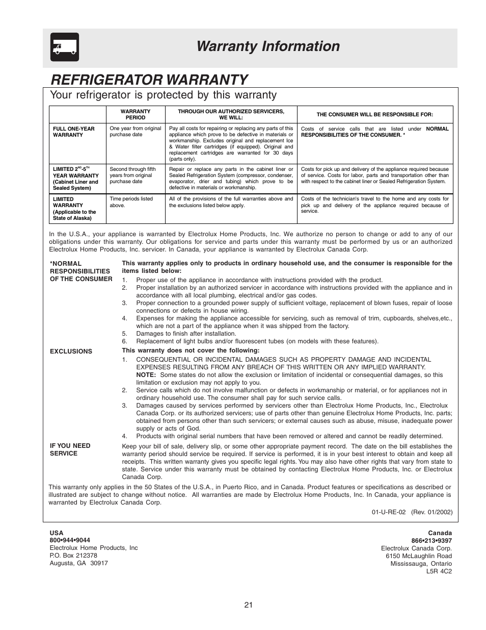 Warranty information refrigerator warranty, Your refrigerator is protected by this warranty | FRIGIDAIRE 241572800 User Manual | Page 21 / 25