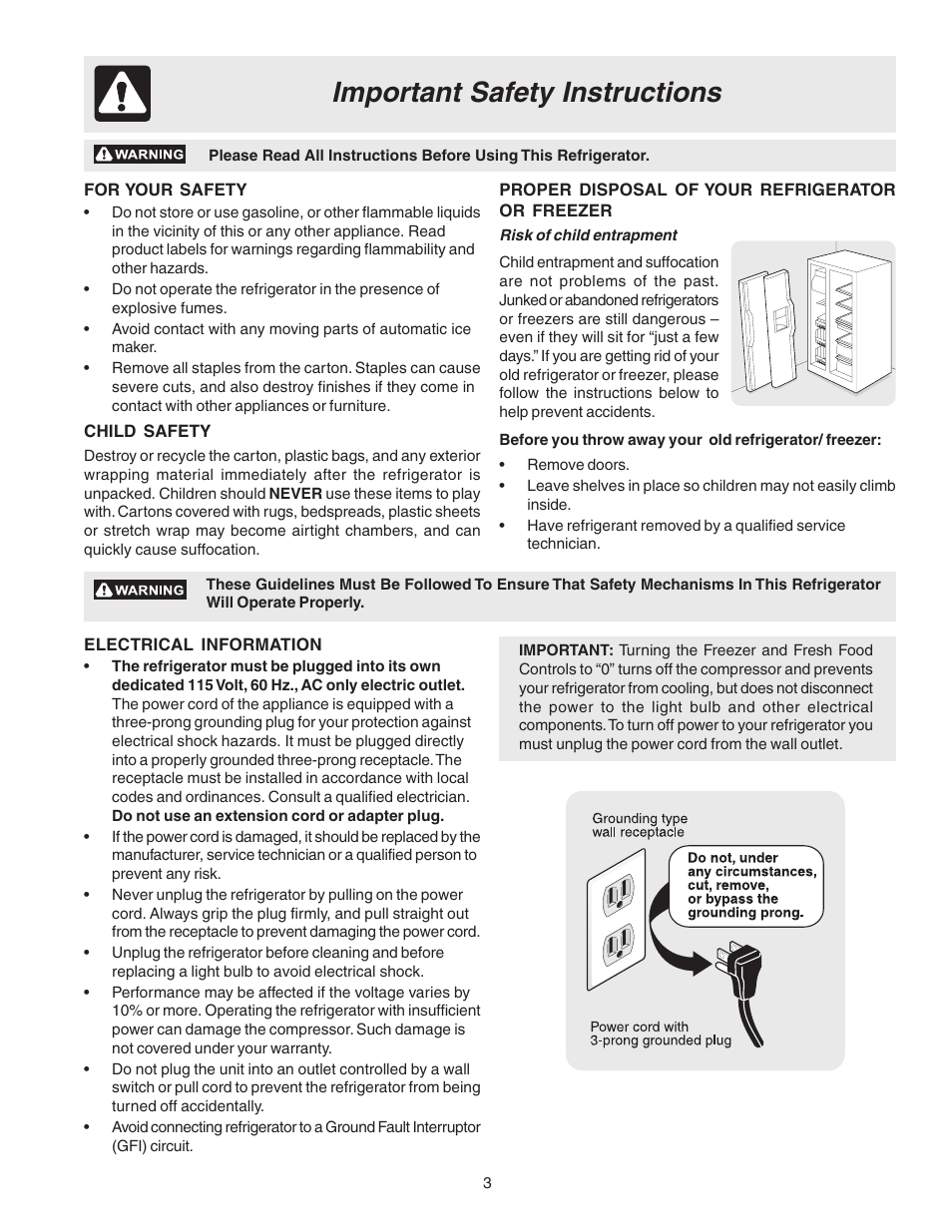 Important safety instructions | FRIGIDAIRE 241572800 User Manual | Page 3 / 25