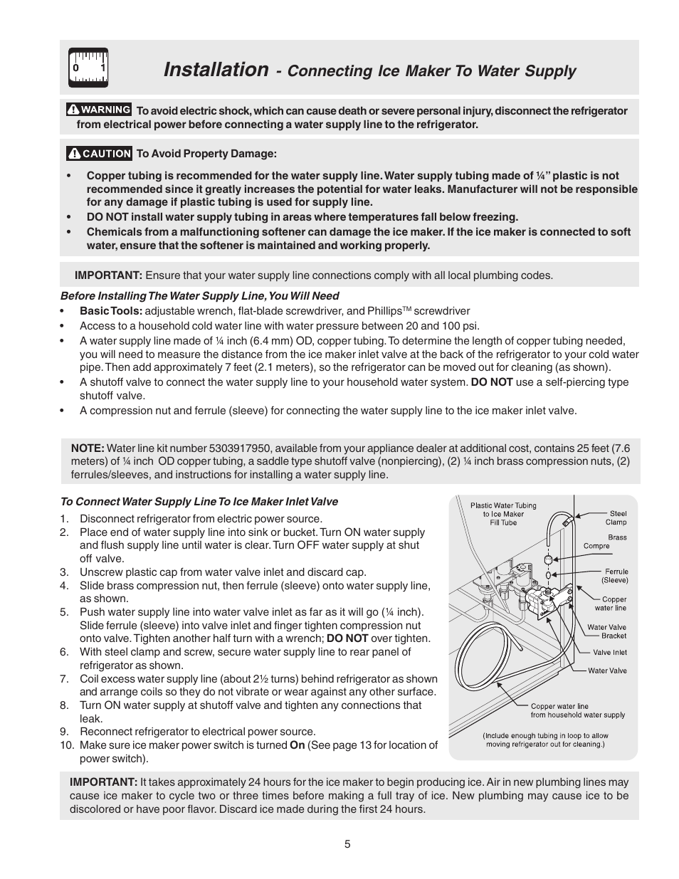 Installation, Connecting ice maker to water supply | FRIGIDAIRE 241572800 User Manual | Page 5 / 25
