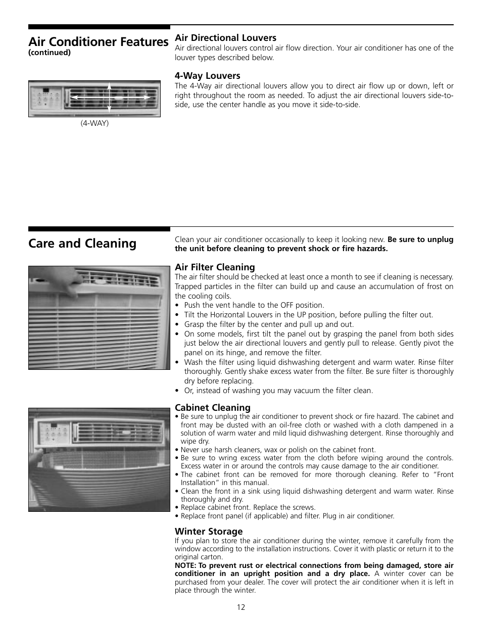 Care and cleaning, Air conditioner features | FRIGIDAIRE 309000848 User Manual | Page 12 / 40