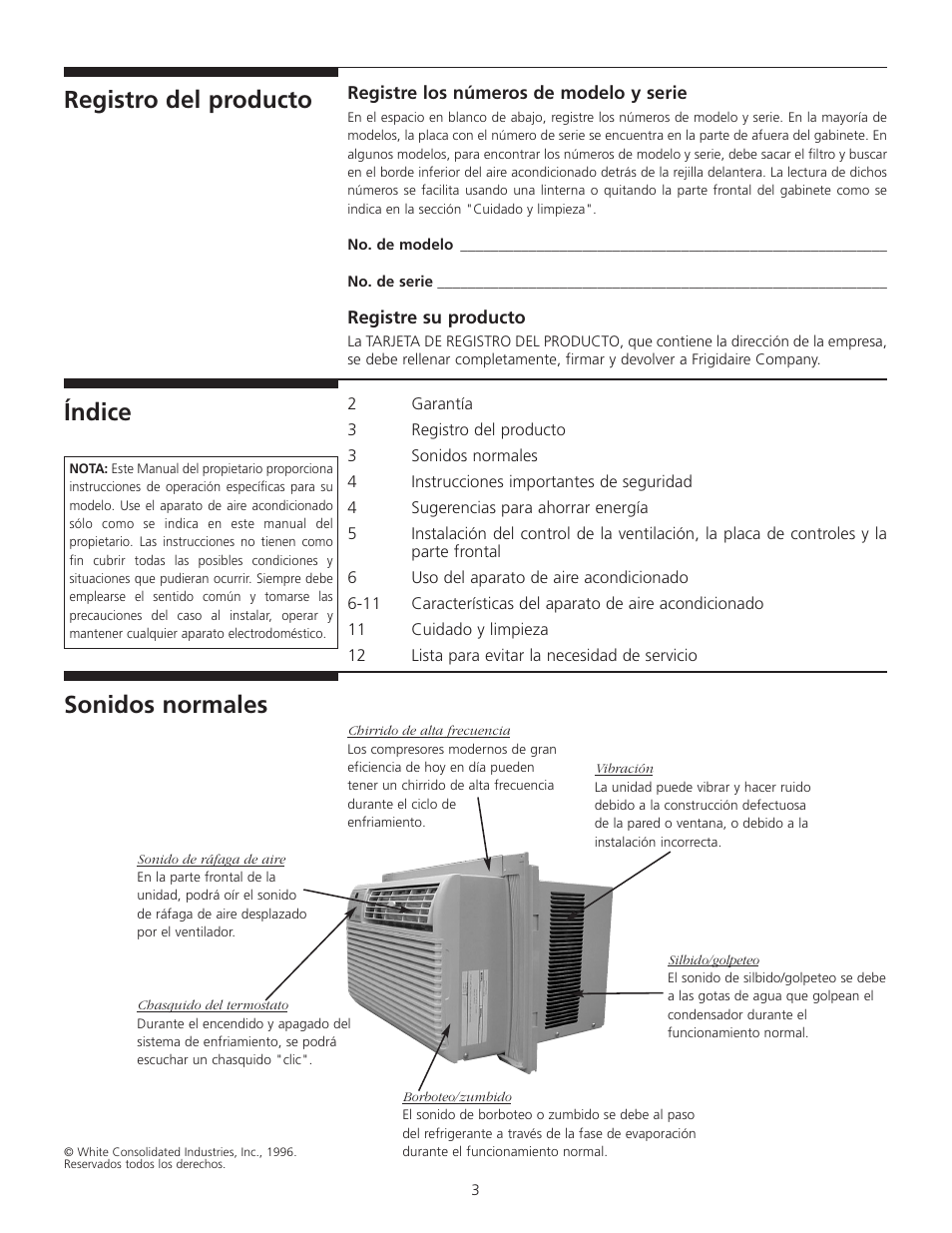 Registro del producto, Índice, Sonidos normales | FRIGIDAIRE 309000848 User Manual | Page 16 / 40