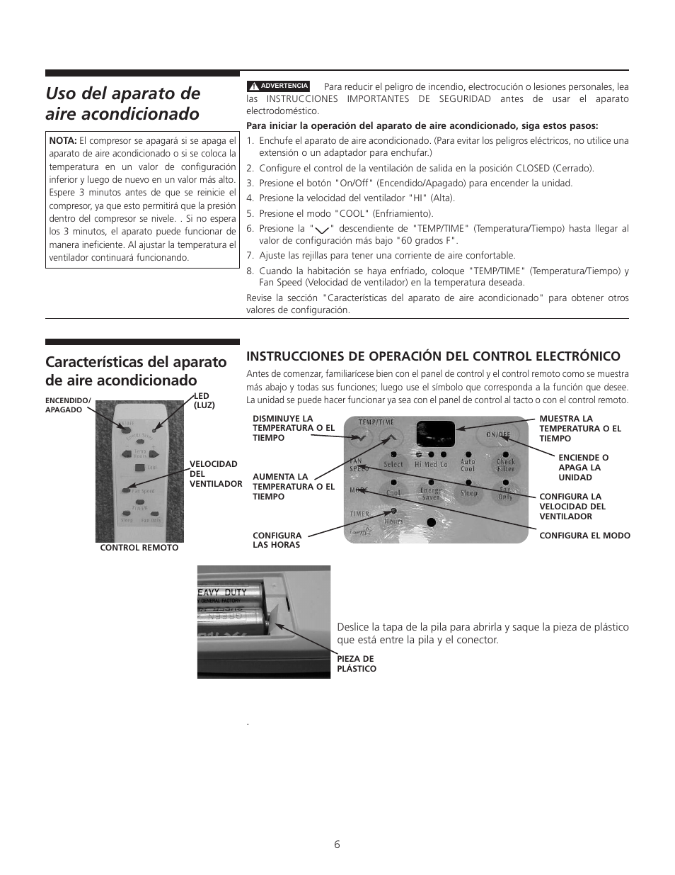 Uso del aparato de aire acondicionado, Características del aparato de aire acondicionado, Instrucciones de operación del control electrónico | FRIGIDAIRE 309000848 User Manual | Page 19 / 40