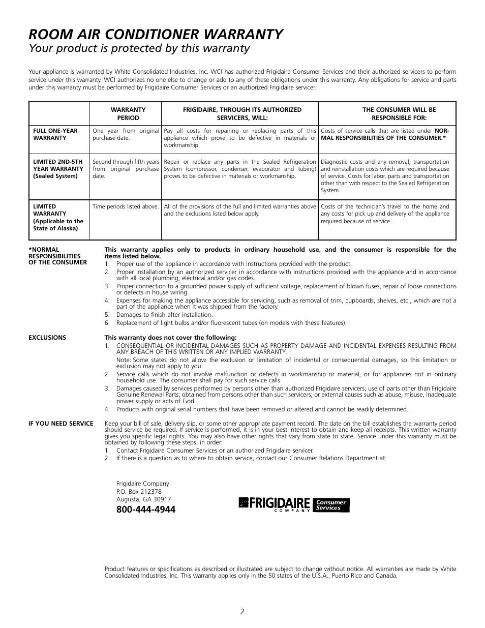 Room air conditioner warranty, Your product is protected by this warranty | FRIGIDAIRE 309000848 User Manual | Page 2 / 40