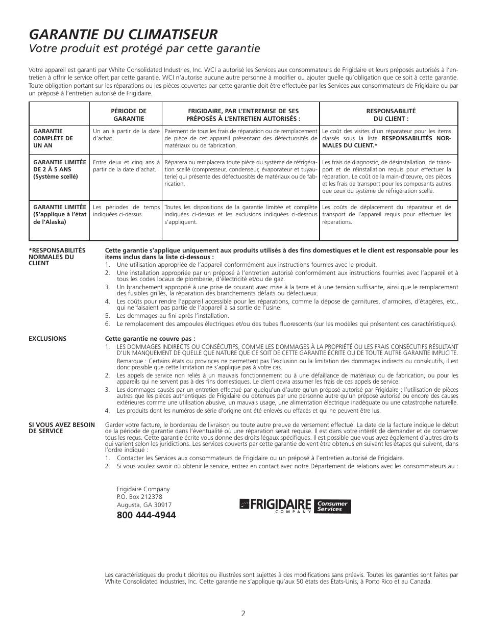 Garantie du climatiseur, Votre produit est protégé par cette garantie | FRIGIDAIRE 309000848 User Manual | Page 28 / 40