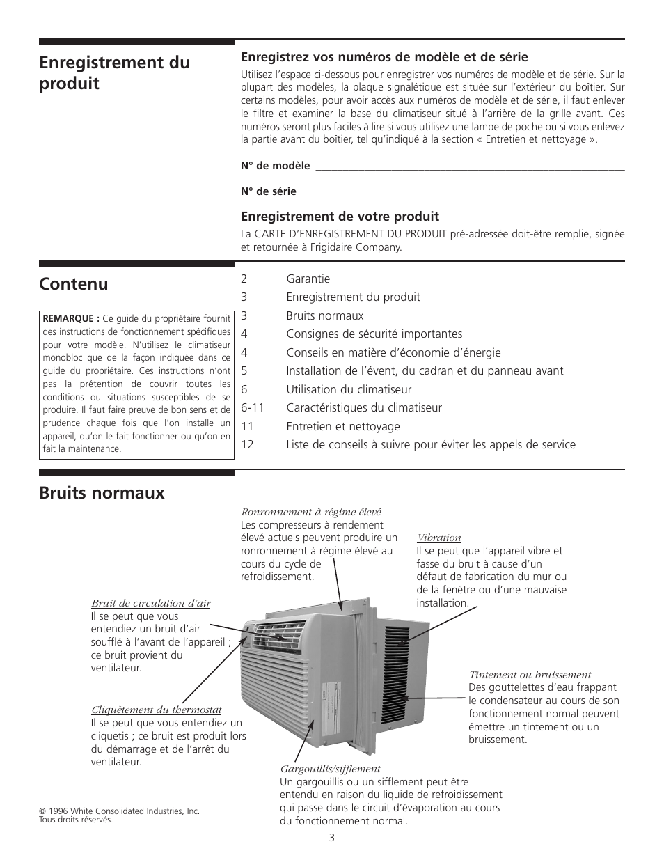 Enregistrement du produit, Contenu, Bruits normaux | FRIGIDAIRE 309000848 User Manual | Page 29 / 40