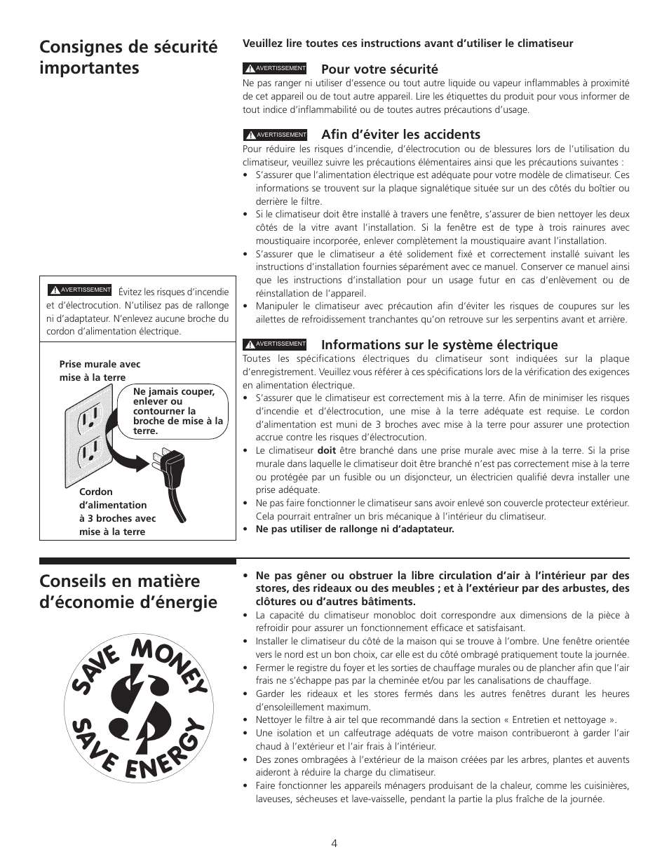 Consignes de sécurité importantes, Conseils en matière d’économie d’énergie, Pour votre sécurité | Afin d’éviter les accidents, Informations sur le système électrique | FRIGIDAIRE 309000848 User Manual | Page 30 / 40