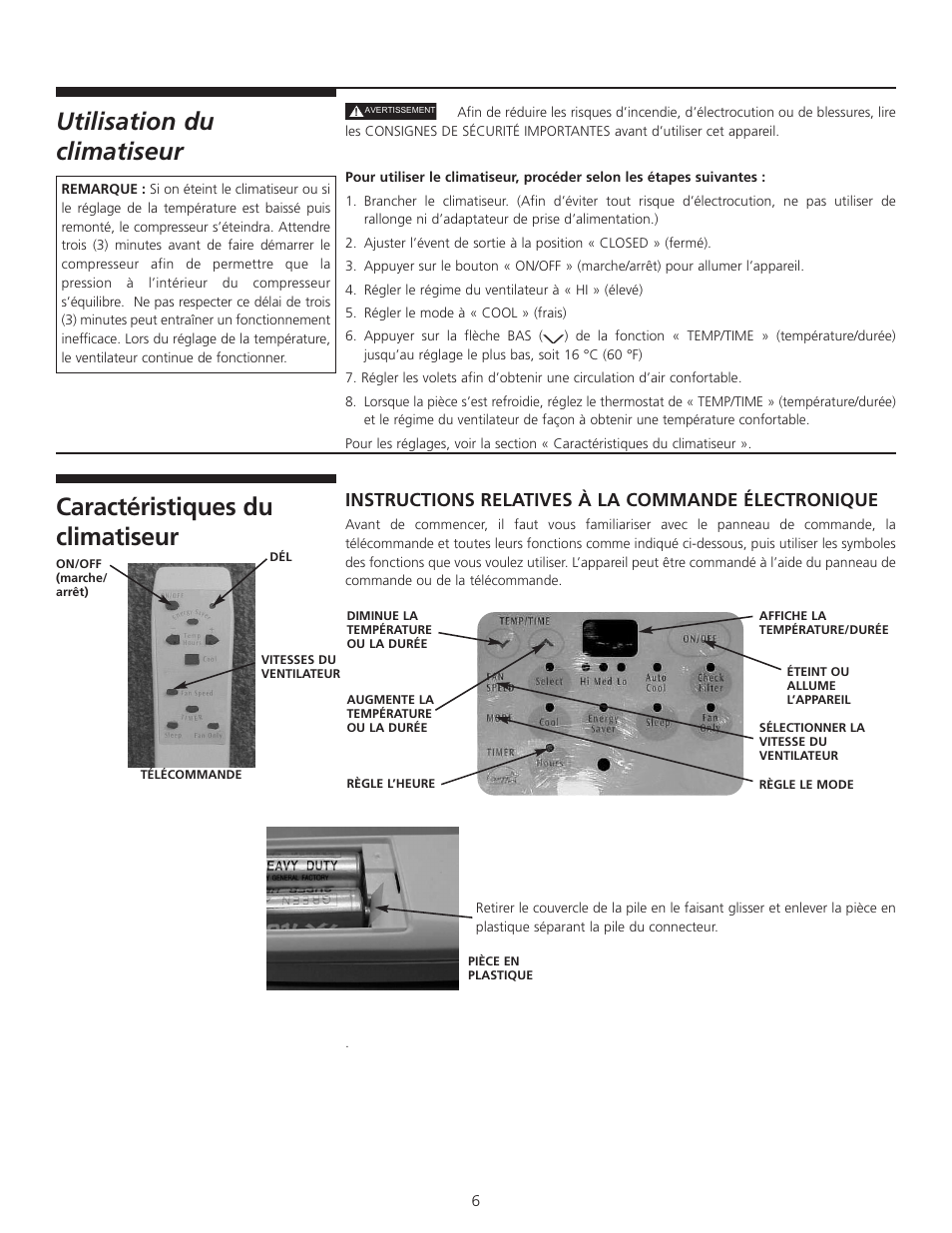 Caractéristiques du climatiseur, Utilisation du climatiseur, Instructions relatives à la commande électronique | FRIGIDAIRE 309000848 User Manual | Page 32 / 40