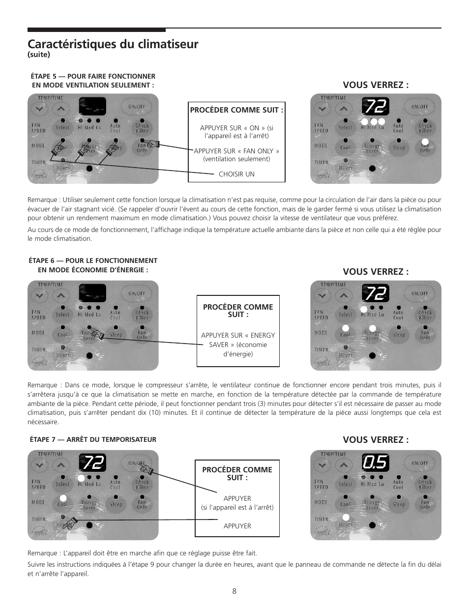 Caractéristiques du climatiseur | FRIGIDAIRE 309000848 User Manual | Page 34 / 40