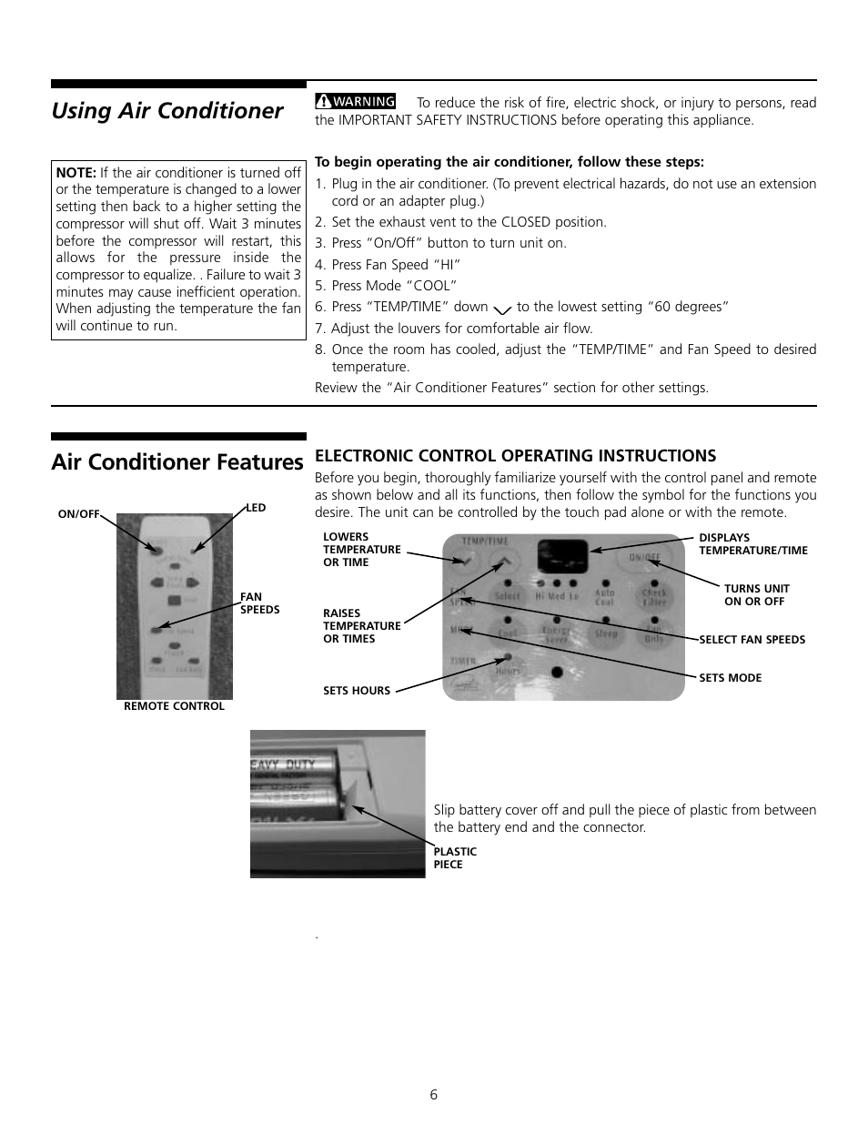 Air conditioner features, Using air conditioner, Electronic control operating instructions | FRIGIDAIRE 309000848 User Manual | Page 6 / 40