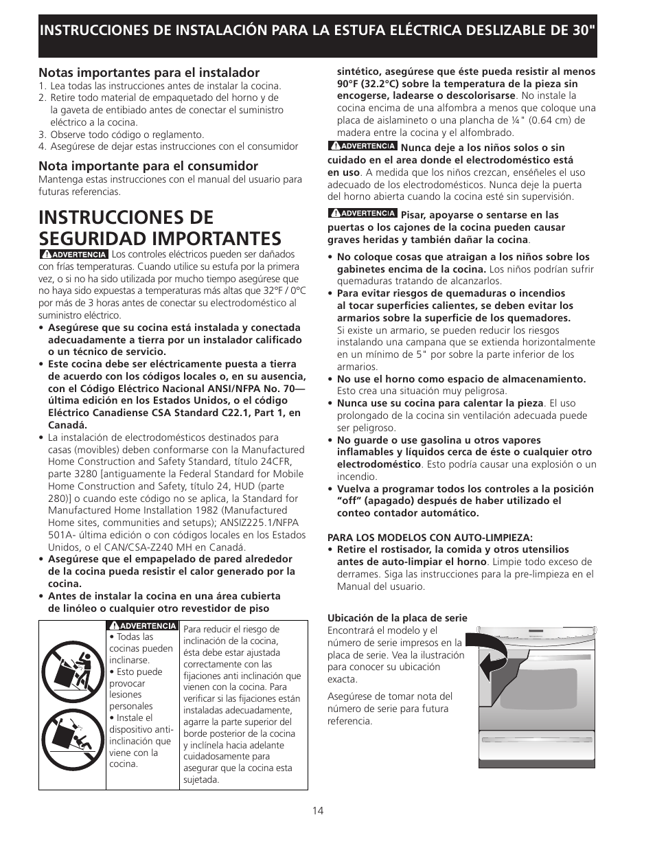 Instrucciones de seguridad importantes | FRIGIDAIRE 318201616 User Manual | Page 14 / 32