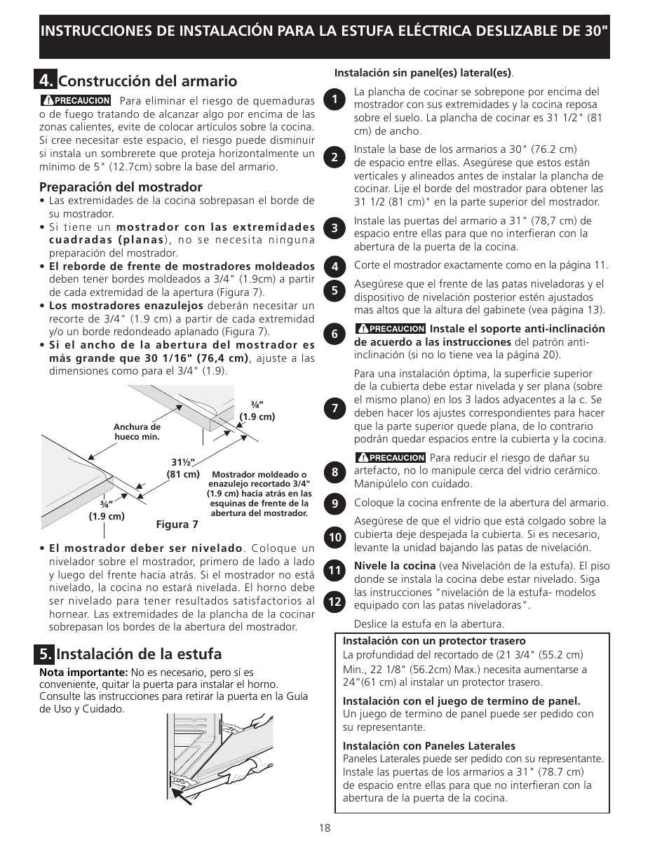 Instalación de la estufa, Construcción del armario | FRIGIDAIRE 318201616 User Manual | Page 18 / 32