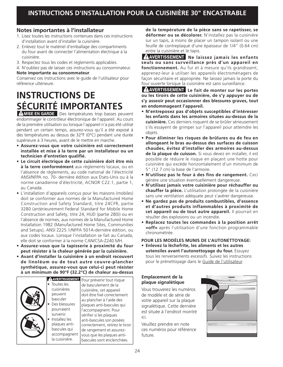Instructions de sécurité importantes | FRIGIDAIRE 318201616 User Manual | Page 24 / 32