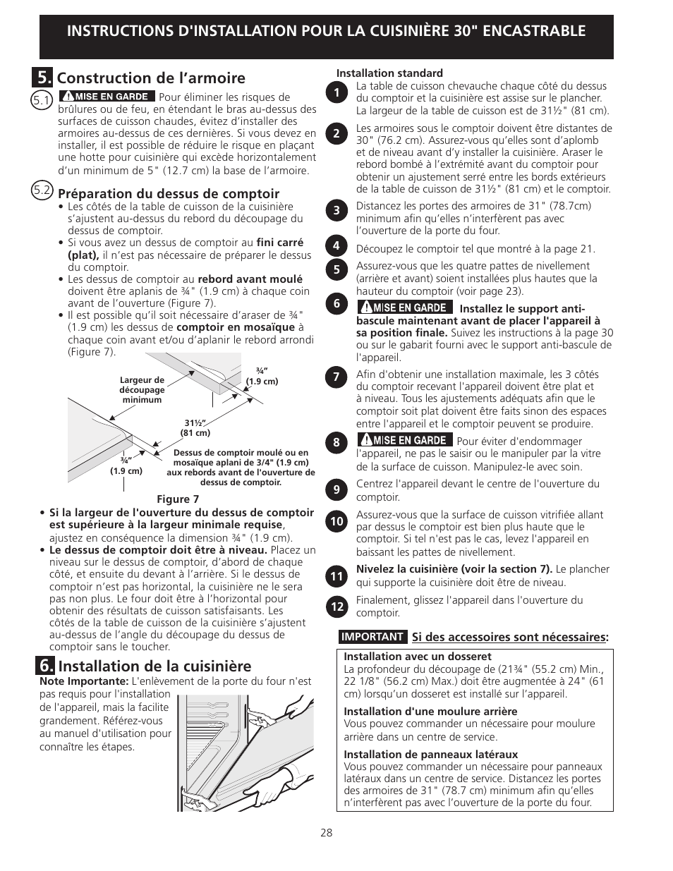 Installation de la cuisinière, Construction de l’armoire | FRIGIDAIRE 318201616 User Manual | Page 28 / 32